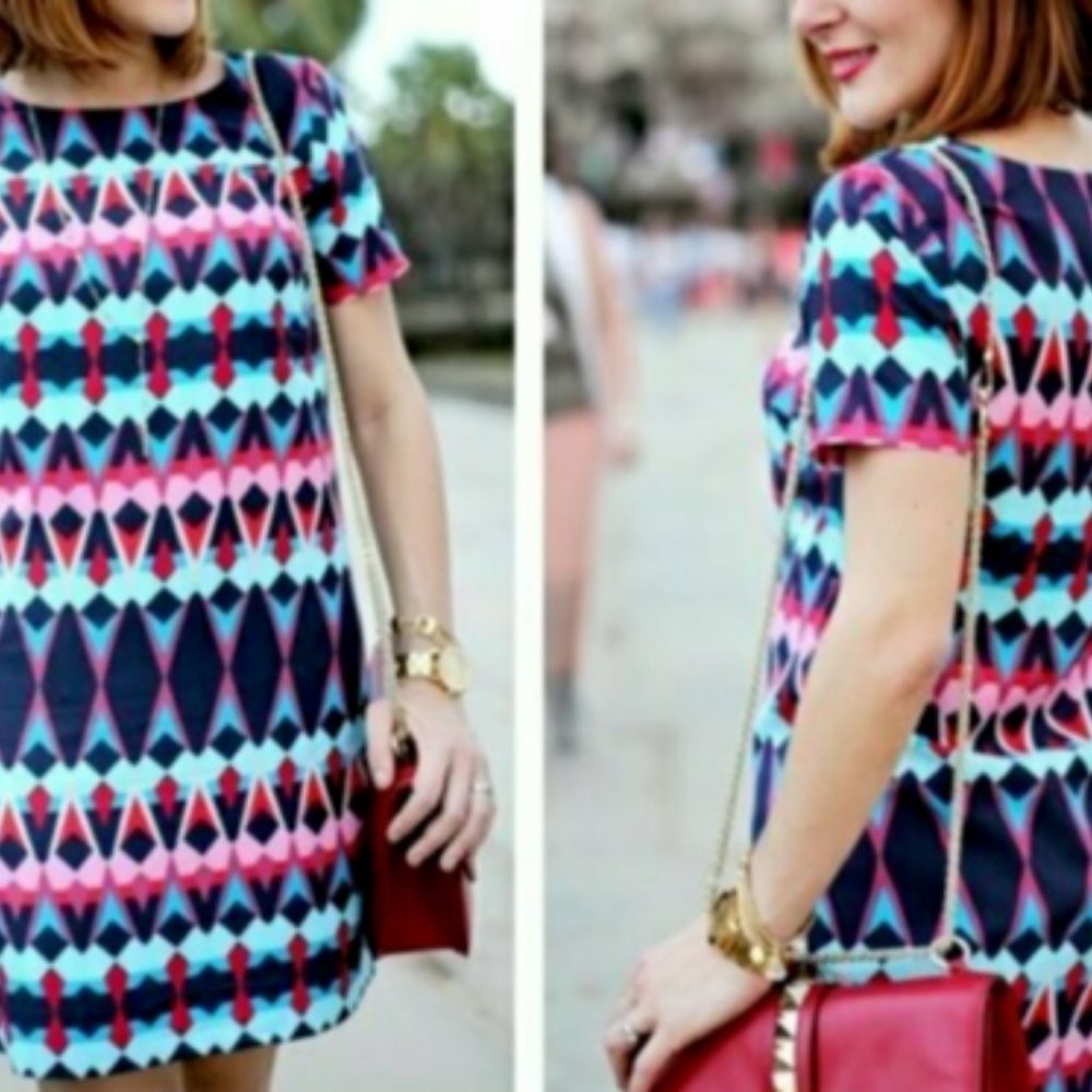 J Crew Aztec Gemstone Geometric Printed Short Sleeve Shift Dress Size 8